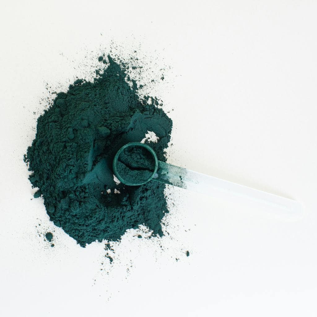 Top view of spirulina powder with a clear scooper on a white background, ideal for health-related content.